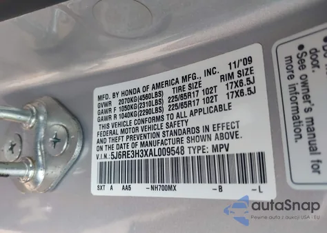 2010 Honda Cr-V Lx from USA, damaged, VIN 5J6RE3H3XAL009548